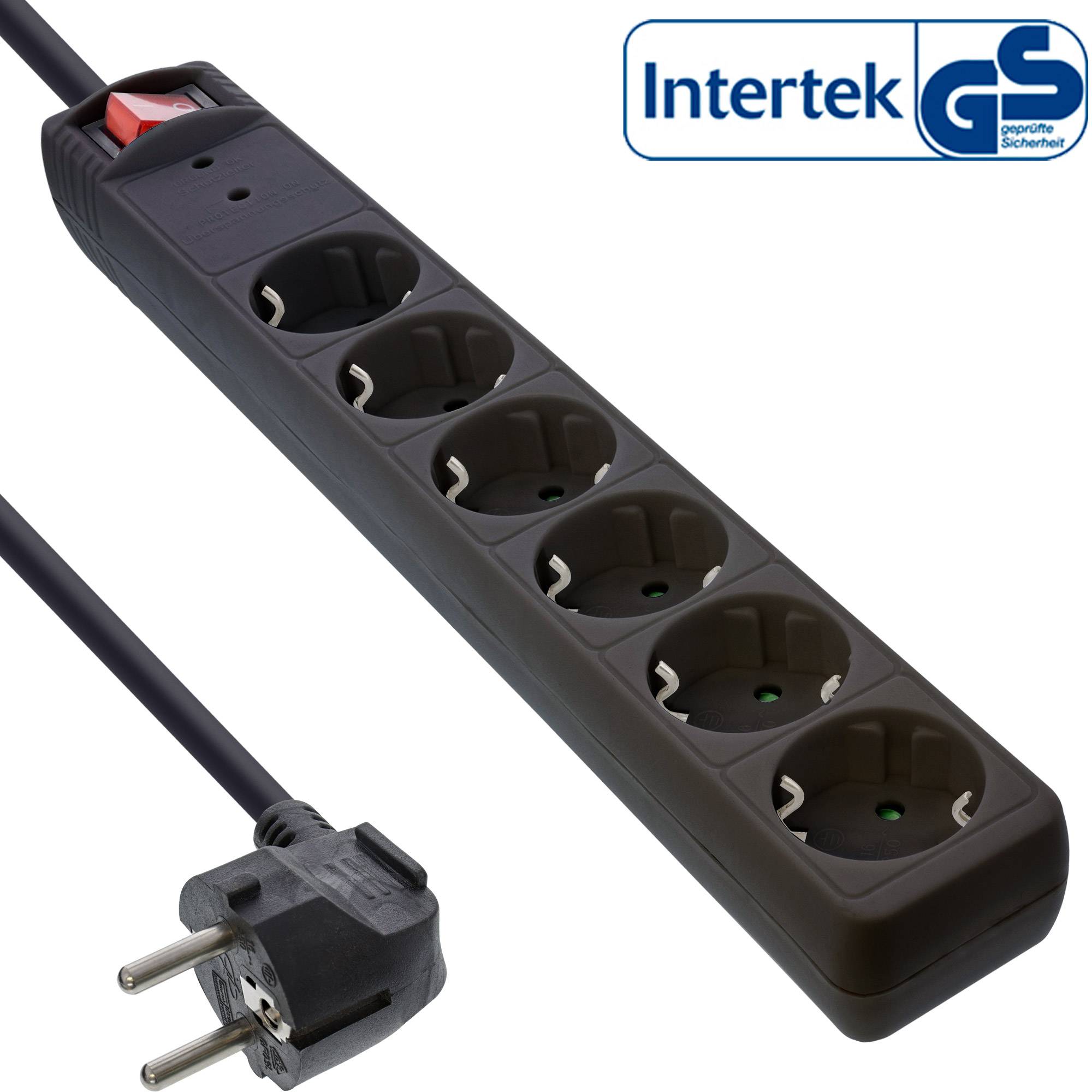 Schwarze Steckerleiste mit sechs Steckdosen, angebrachtem europäischem Stecker und Sicherheitszertifizierungslogos in der Ecke.