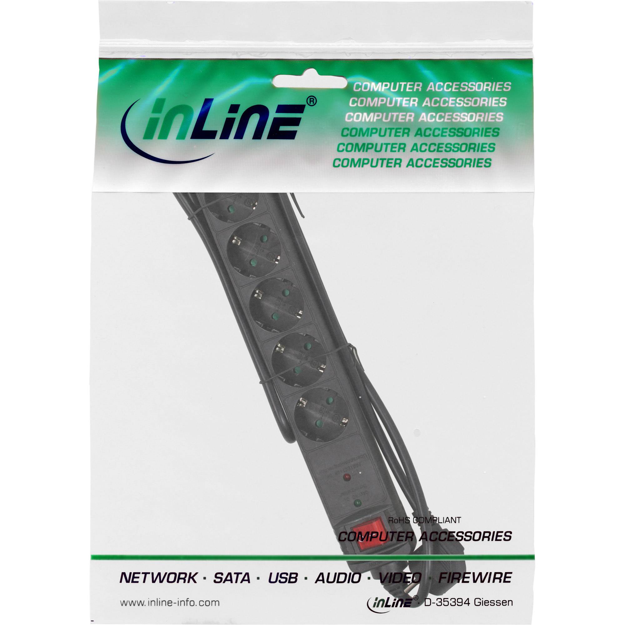 InLine Markenleiste mit fünf Steckdosen und Schalter, gezeigt in Einzelhandelverpackung mit Kennzeichnung Computerzubehör und Netzwerk, SATA, USB, Audio, Video, Firewire.