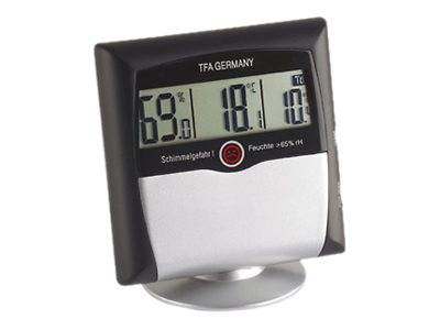 Digitales Thermo-Hygrometer zeigt 63% Luftfeuchtigkeit, 18,1°C Temperatur und eine Anzeige auf der rechten Seite von etwa 18°C auf einem Ständer.