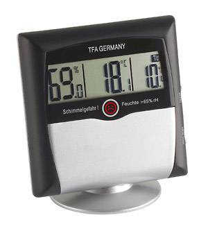 Digitales Thermo-Hygrometer zeigt 69 % Luftfeuchtigkeit, 18,1 °C Temperatur und 10,0 °C Taupunkt an, mit einem Schimmelwarnungssymbol.