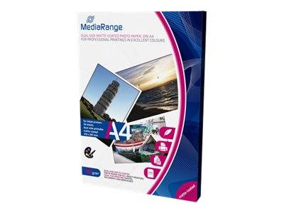 MediaRange A4 Glanzfotopapier-Packung für professionelles Drucken, dargestellt als Verpackung mit Beispielfotos und Produktbranding.