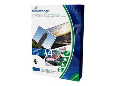 MediaRange A4 Glanzfotopapier-Packung mit Beispielbildern und grünen Symbolen auf einer blau-weißen Schachtel, in 3D dargestellt.