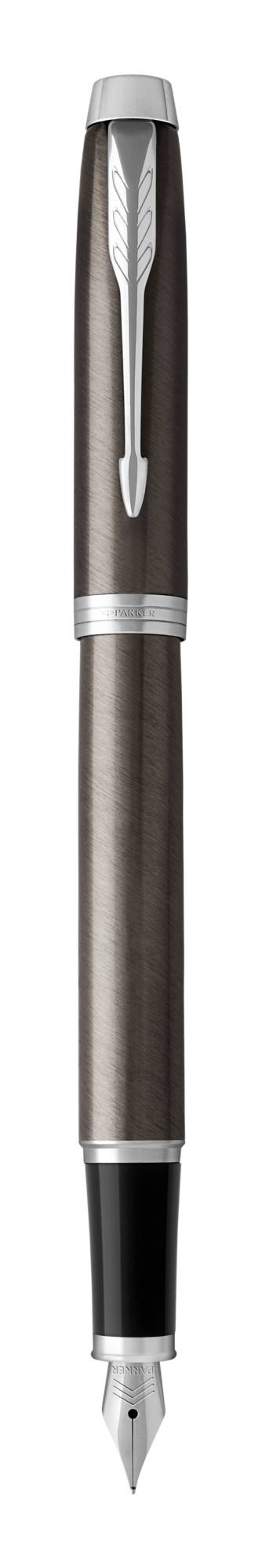 Ein Silber-und-Schwarz-Füllfederhalter mit einer strukturierten dunklen Barrel und silberner Klammer, aufrecht auf weißem Hintergrund gezeigt.