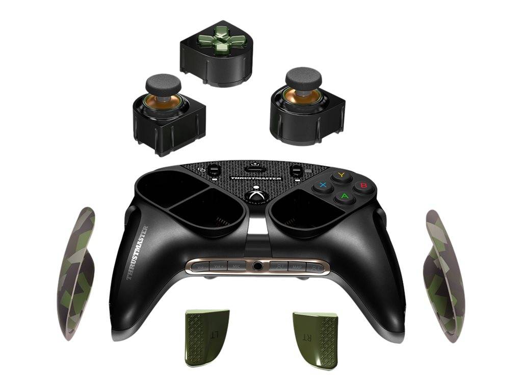 Schwarzer Gaming-Controller mit austauschbaren Teilen in Explosionsdarstellung: zwei Thumbstick-Module, Seitengriffeile und hintere Paddles mit Camouflage-Akzenten.