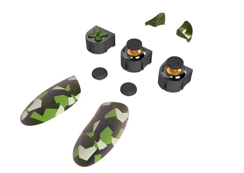 Explodierte Ansicht eines Camouflage-Handheld-Spielecontrollers, der zwei Joysticks/Tasten, kreisförmige Kappen und separate Gehäuseteile zeigt, die auf weißem Hintergrund angeordnet sind.