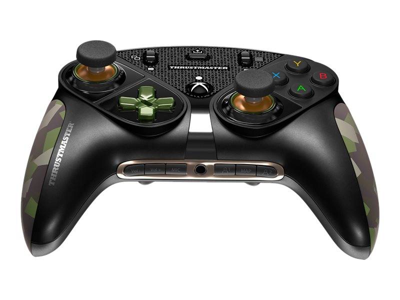 Schwarzer kabelloses Spiele-Controller mit Dual-Thumbsticks, D-Pad, Tasten auf der Vorderseite und Tarn-Seitengriffen auf weißem Hintergrund.