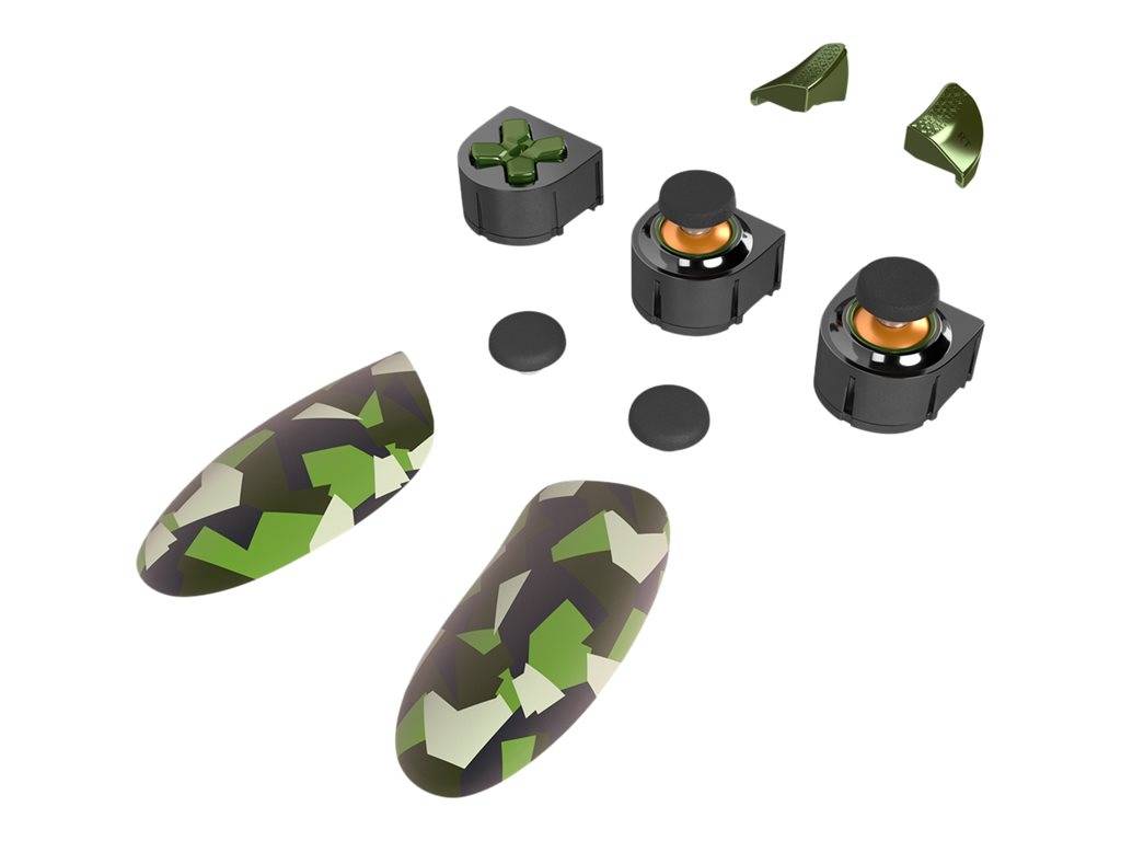 Explodierte Ansicht eines getarnten Gaming-Controller-Knopfsatzes mit zwei Steuerhebeln, drei schwarzen Schaltermodulen und losen Kappen auf weißem Hintergrund.