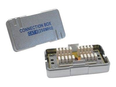 Offene CAT6-Verbindungsbox mit abnehmbarem Deckel, die interne Kabelanschlussklemmen im Inneren zeigt.