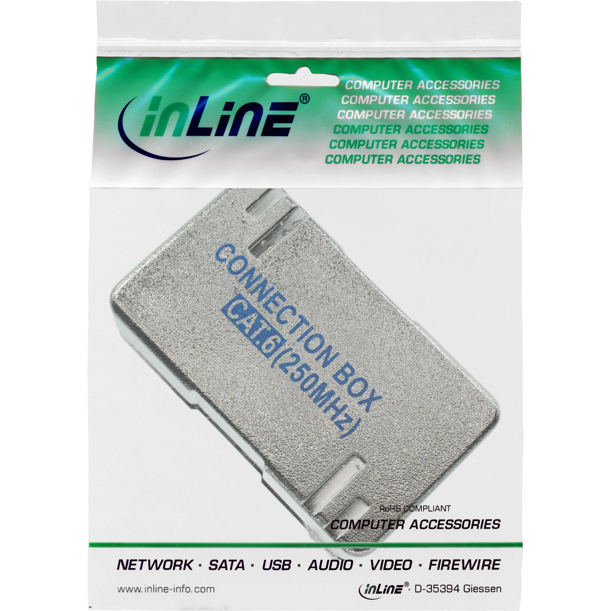 Verpackung für eine InLine 'Connection Box' CAT6 (250 MHz) Computeradapter-Zubehörkarte, dargestellt auf einer weißen Trägerkarte.