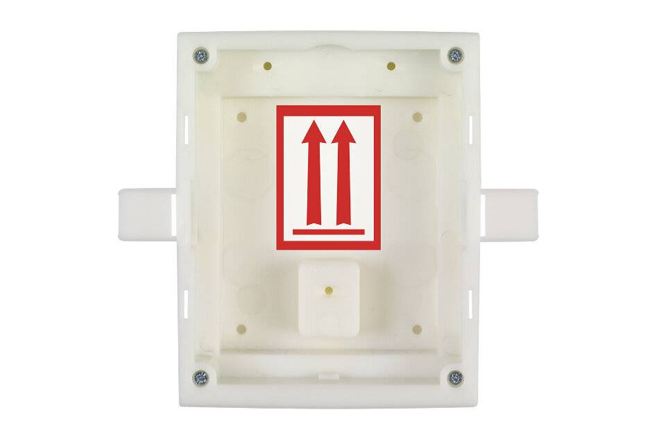 Weiße Kunststoffbox mit rotem Symbol aus zwei nach oben weisenden Pfeilen, das die korrekte Handhabungsorientierung kennzeichnet.