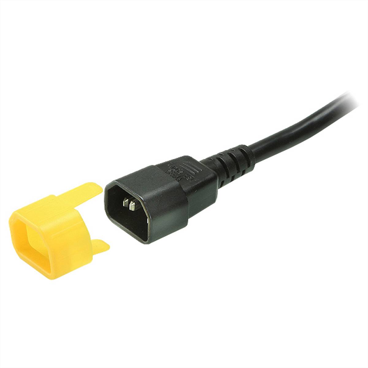 Schwarzes Stromkabelstecker mit gelbem Schutzdeckel am Ende.