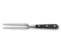 Metallische Fleischgabel mit zwei langen Zinken und schwarzem vernietetem Griff auf weißem Hintergrund.
