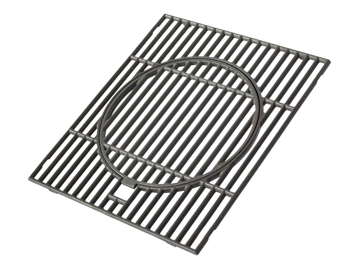 Metallischer Drahtgrill-Rost mit einem kreisförmigen Ring in der Mitte, auf weißem Hintergrund dargestellt.