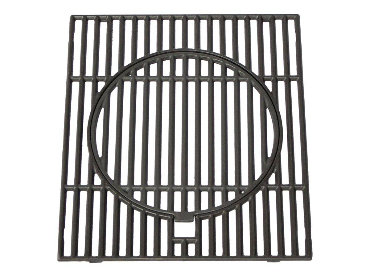 Schwarzes Metallgitter mit vertikalen Lamellen und einer zentralen kreisförmigen Öffnung, wahrscheinlich ein Ofen- oder Grillrost.