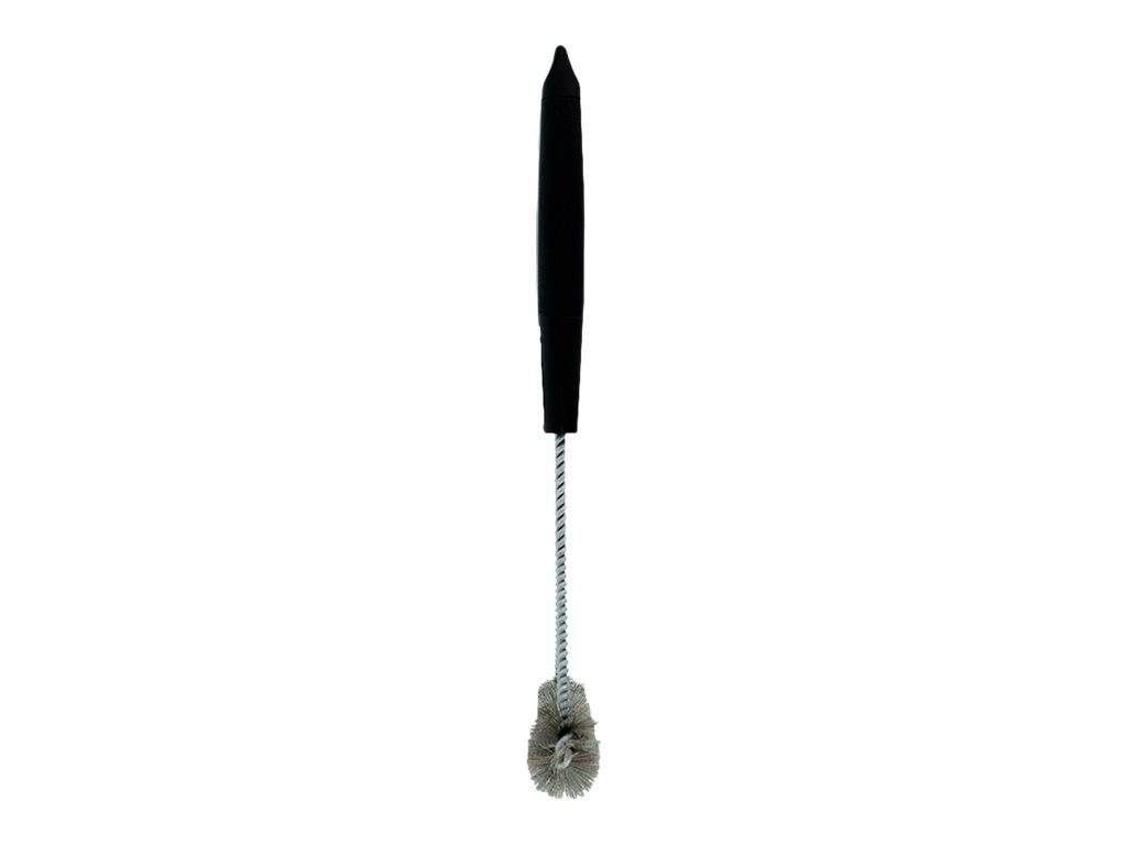 Flaschenreiniger mit schwarzem Griff, langem flexiblem Metallschaft und kleinem rundem Bürstenkopf auf weißem Hintergrund.