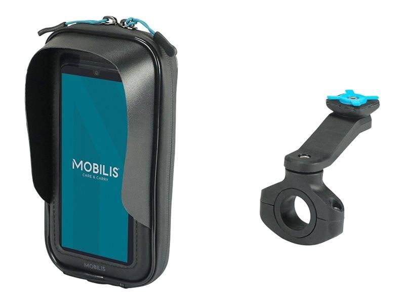 Wasserdichte Handyhülle mit klarem Touchscreen-Fenster und schwarzem Lenkerhalter-Clip für Fahrräder.