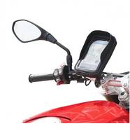 Motorrad-Lenker mit Rückspiegel und einer montierten Smartphone-/GPS-Halterung über einem roten Kraftstofftank.