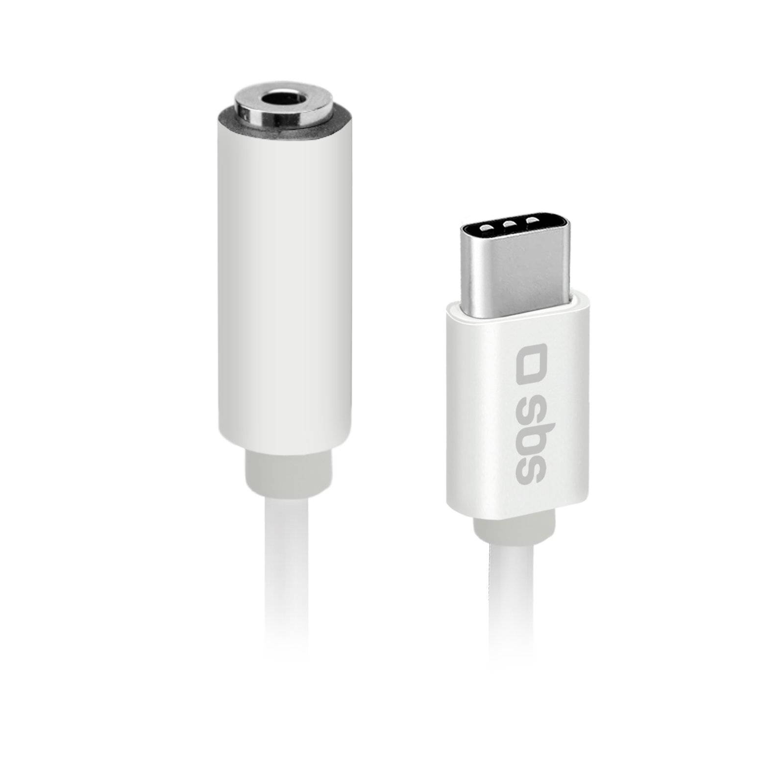 Weißes USB-C-Kabel mit einem USB-C-Stecker auf der rechten Seite und einem runden Audiobuchsen-ähnlichen Stecker auf der linken Seite.