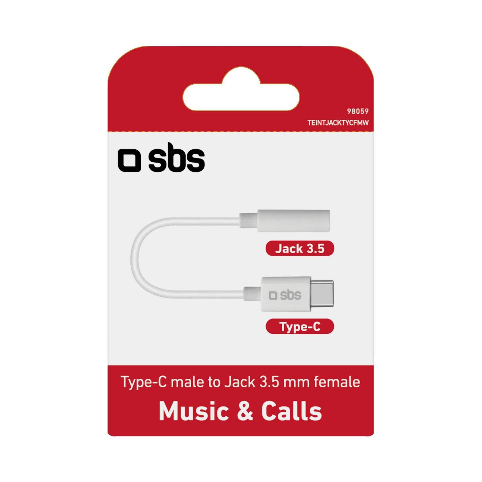 Verpackung für ein SBS-Adapterkabel mit der Bezeichnung „USB-C-Stecker auf 3,5-mm-Klinkenbuchse" für Musik und Anrufe, mit USB-C- und 3,5-mm-Anschlüssen.