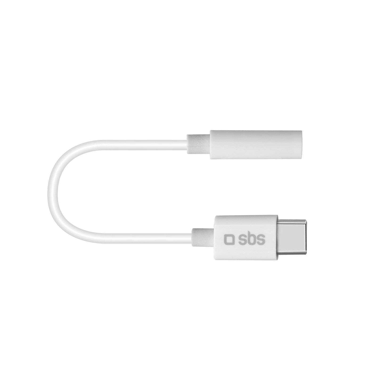 Weißes USB-C-Adapterkabel mit einem kurzen Schleifenkonnektor und „sbs"-Logo auf dem Steckerende, gezeigt auf einfachem Hintergrund.
