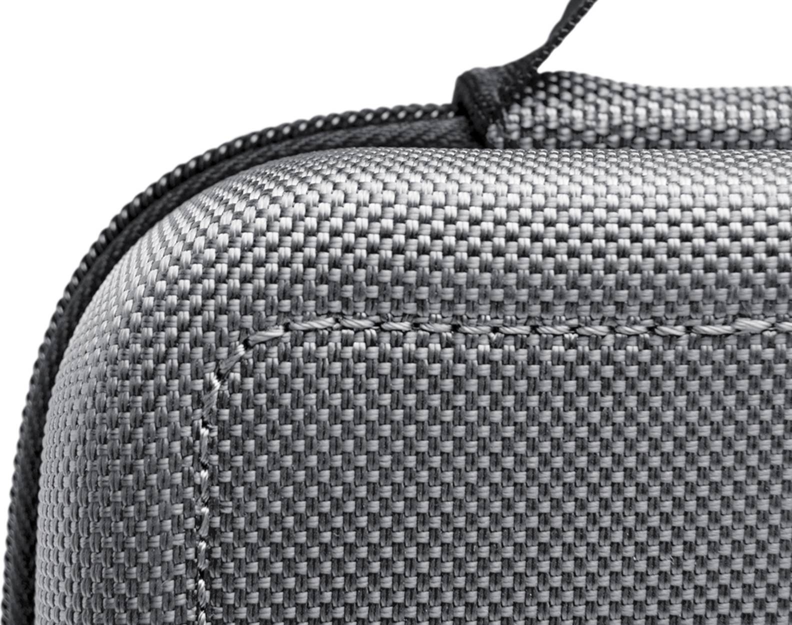Nahaufnahme einer grauen gewebten Stofftasche oder eines Beutels mit Reißverschluss, schwarzem Reißverschluss und strukturierter Nahtarbeit.