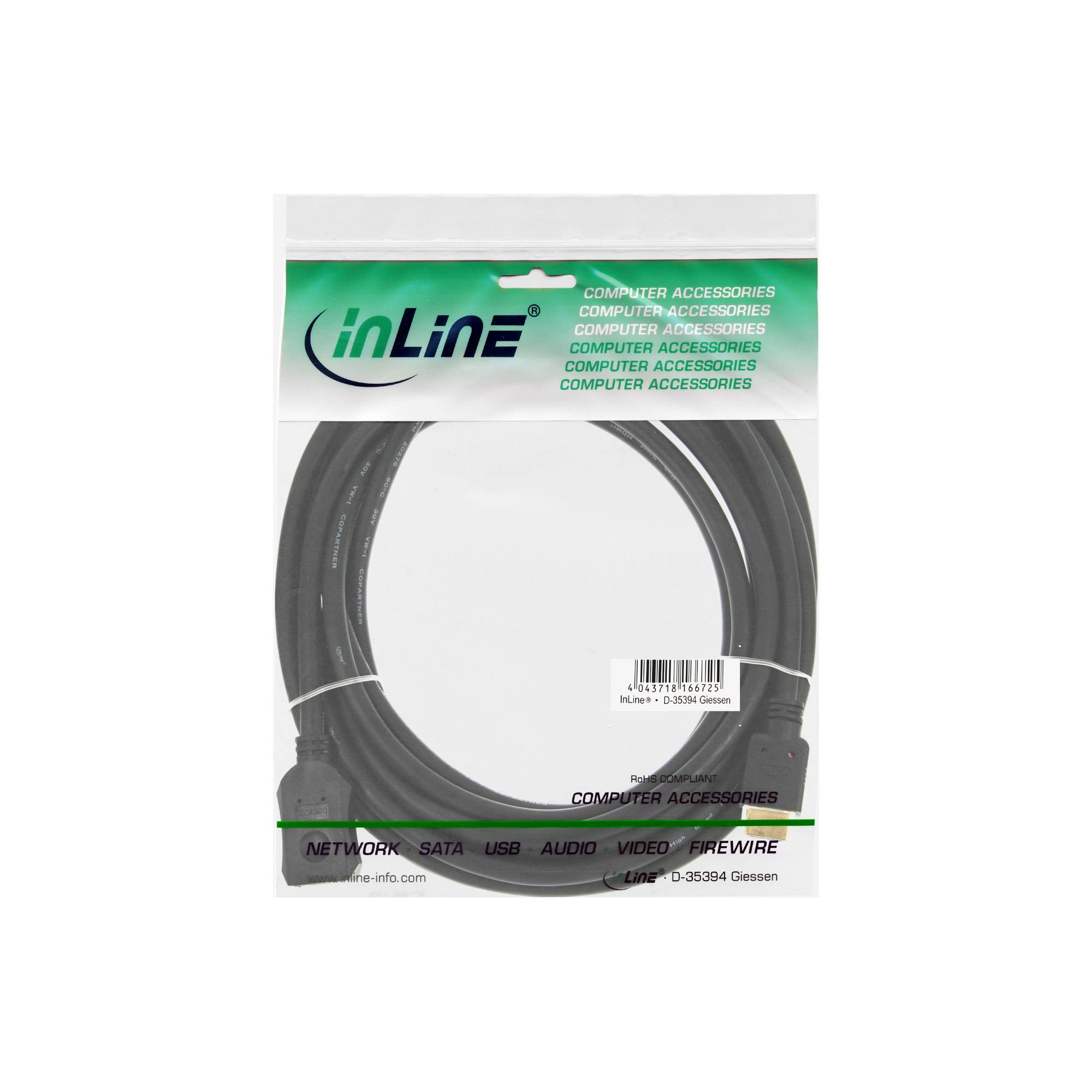 INLINE - HDMI Verl. - HDMI-High Speed - ST / BU - schwarz - vergoldete Kontakte - 7,5m