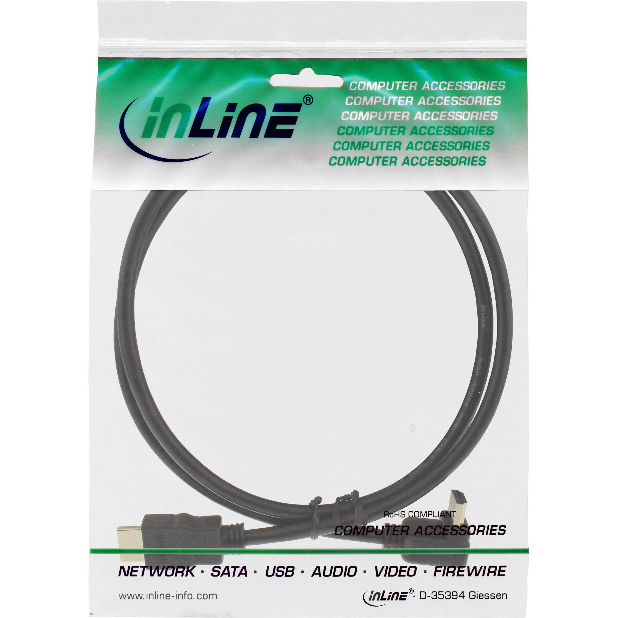 INLINE - HDMI HS Kabel - gewinkelt - mit Eth. - ST / ST - verg. Kont. - schwarz - 1m