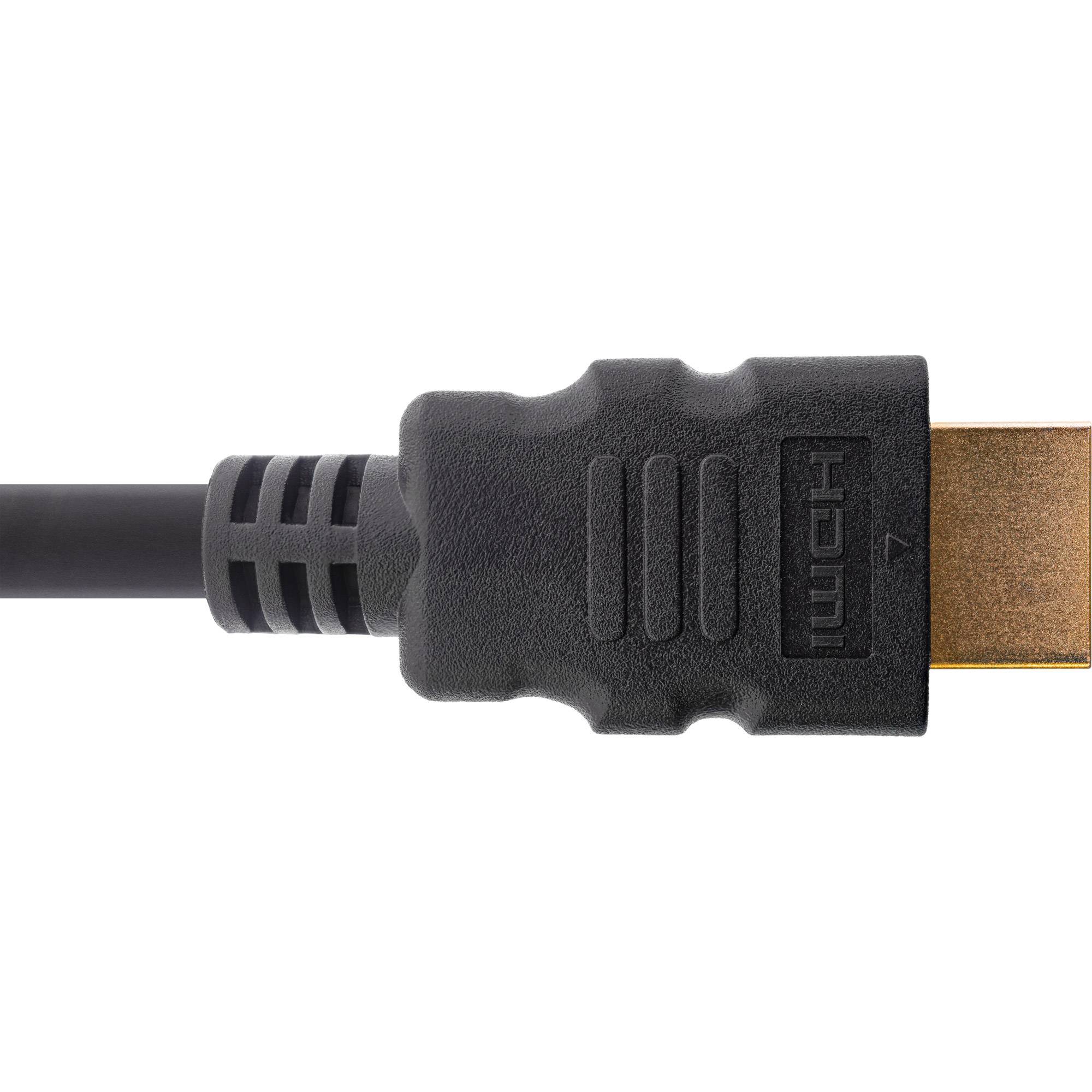 Nahaufnahme eines schwarzen HDMI-Kabelsteckers mit dem HDMI-Logo, dargestellt vor weißem Hintergrund.