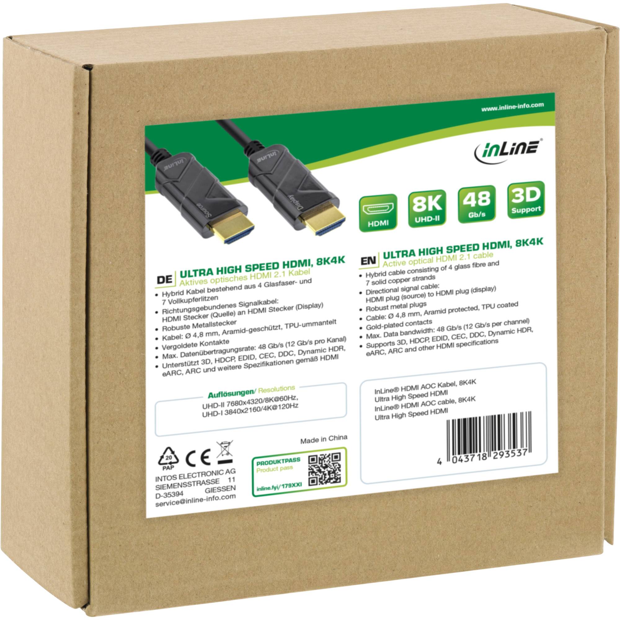 Pappversandkarton mit einem inLine-Einzelhandelsetikett für ein Ultra High Speed HDMI 8K4K Kabel, das zwei HDMI-Stecker und Produktspezifikationen zeigt.
