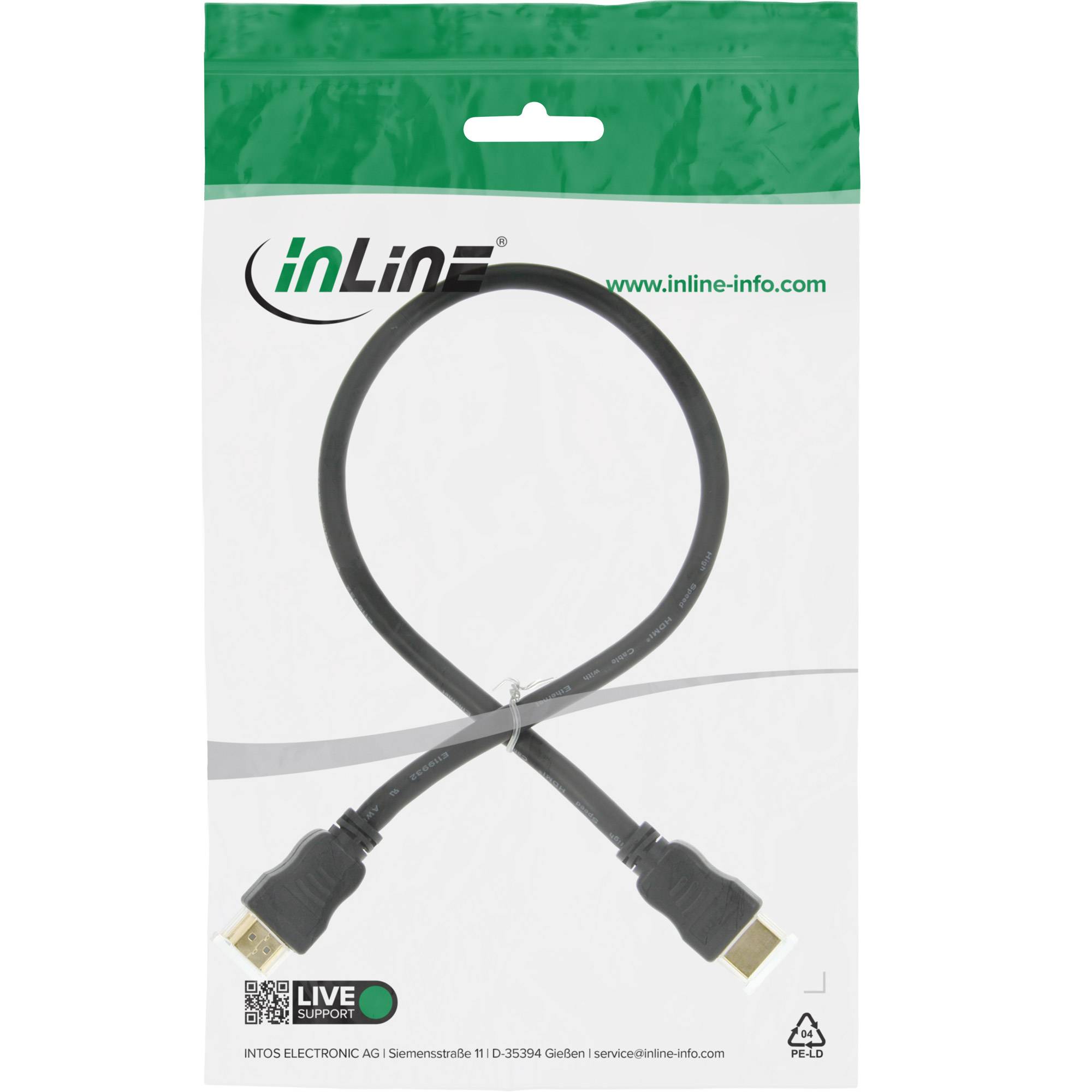 Verpacktes schwarzes USB-Kabel mit vergoldeten Steckern, Marke 'inLine', auf weißer Einzelhandelsverpackung mit grünem Kopfteil gezeigt.