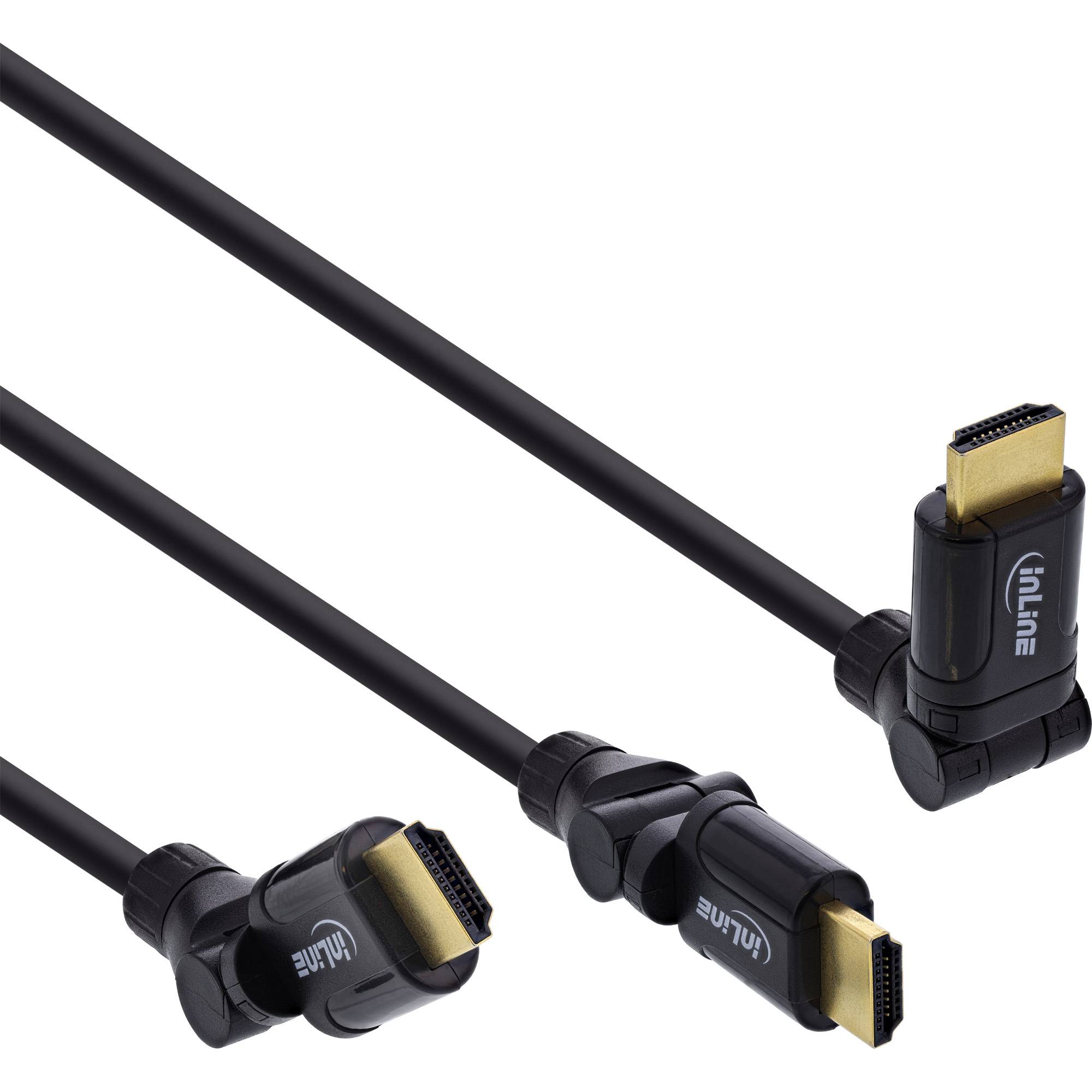 Drei schwarze HDMI-Kabel mit Winkelsteckern, gezeigt auf weißem Hintergrund.