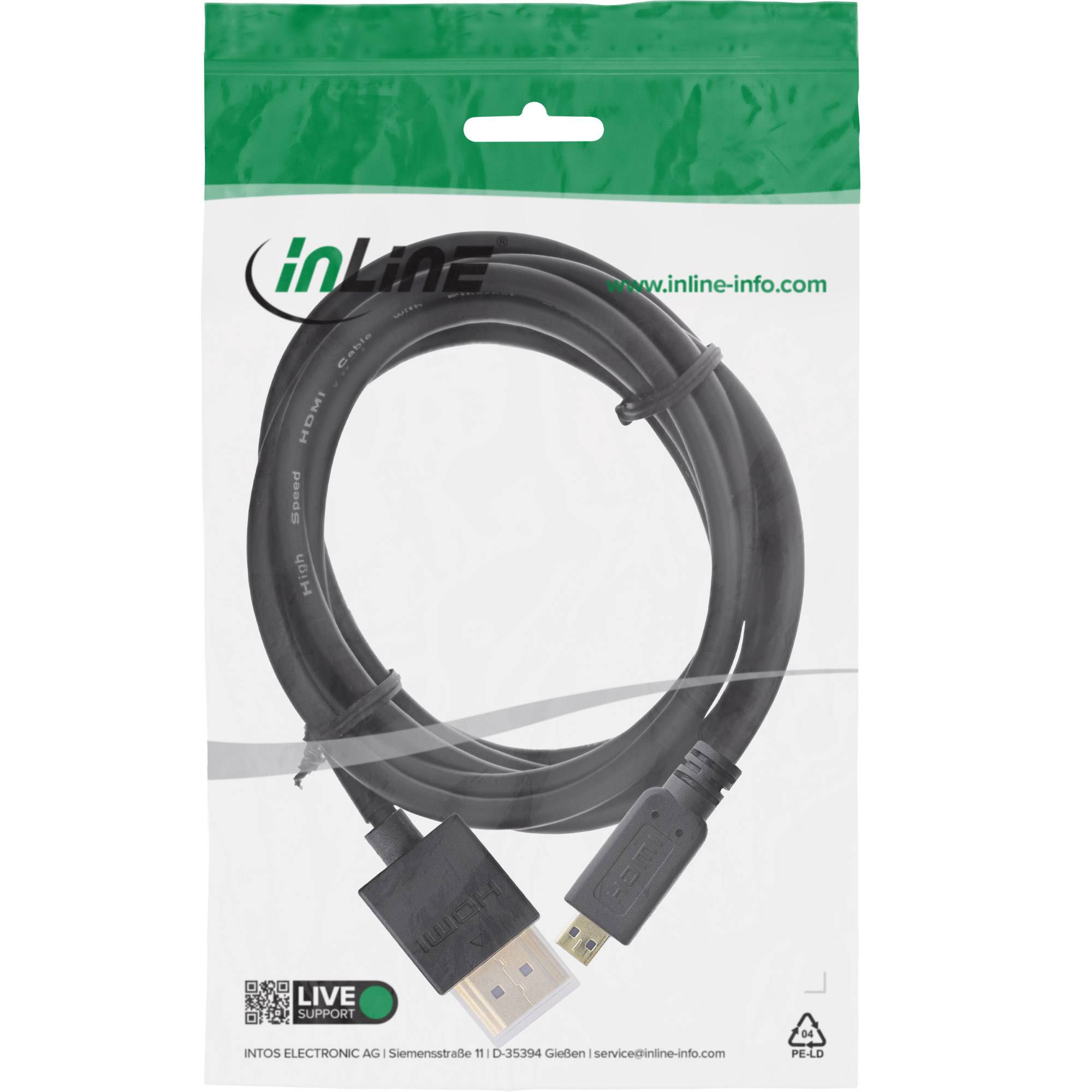Verpacktes schwarzes HDMI-Kabel mit Standard- und Micro-Anschlüssen, Marke „inline