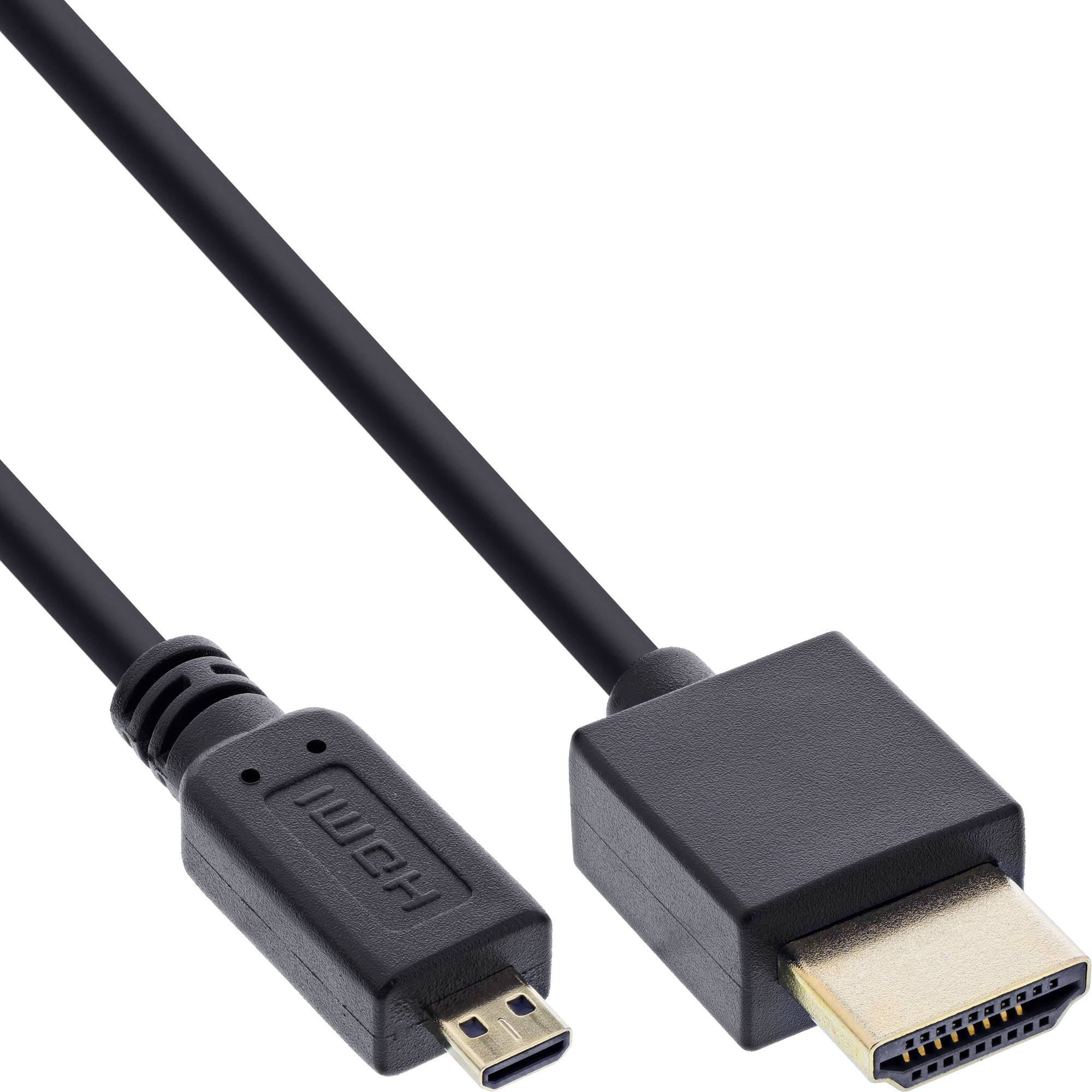 Nahaufnahme eines Mini-HDMI-Kabels mit einem Mini-HDMI-Stecker und einem Standard-HDMI-Stecker auf weißem Hintergrund.