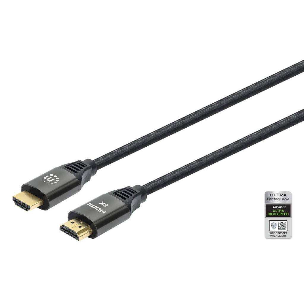 Zwei schwarze HDMI-Kabel mit vergoldeten Steckern auf weißem Hintergrund, mit einem kleinen „ULTRA Certified Cable