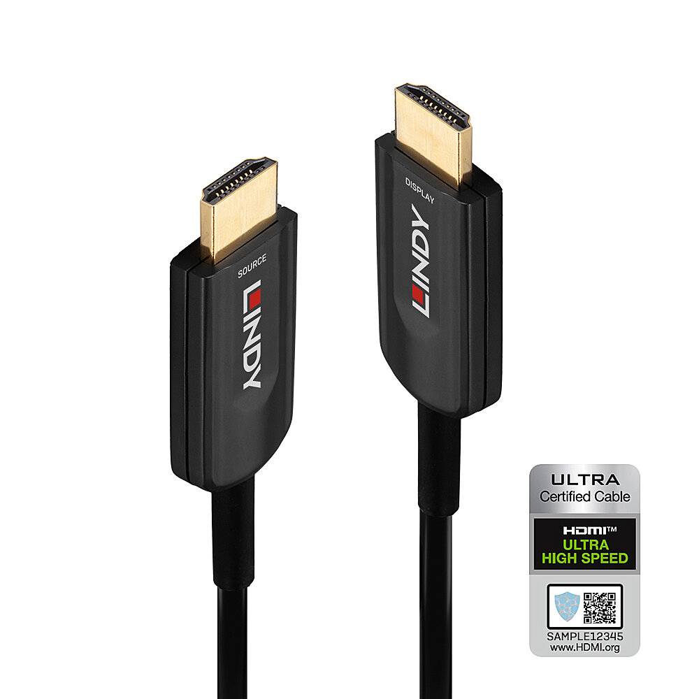 Zwei schwarze Lindy HDMI-Kabel mit vergoldeten Steckern, aufrecht auf weißem Hintergrund neben einem Zertifizierungsetikett 