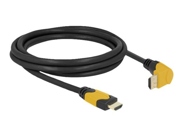 Aufgerolltes schwarzes Kabel mit gelben HDMI-ähnlichen Steckern an beiden Enden, gezeigt auf weißem Hintergrund.