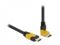 Zwei schwarze und gelbe rechtwinklige HDMI-Kabel mit Steckern auf weißem Hintergrund.