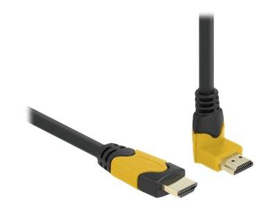 Zwei schwarze und gelbe HDMI-Kabel mit Winkelsteckern auf weißem Hintergrund.