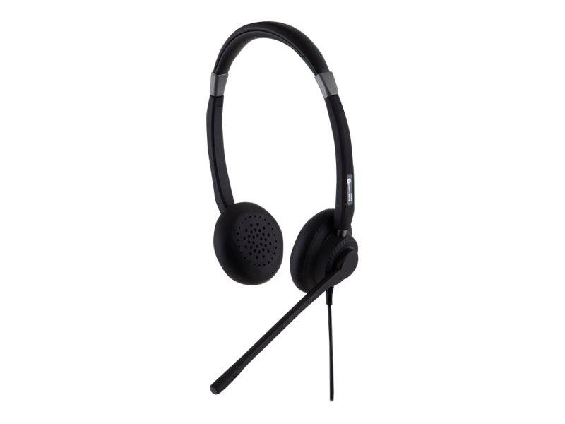 Schwarzes Over-Ear-Headset mit Boom-Mikrofon auf weißem Hintergrund.