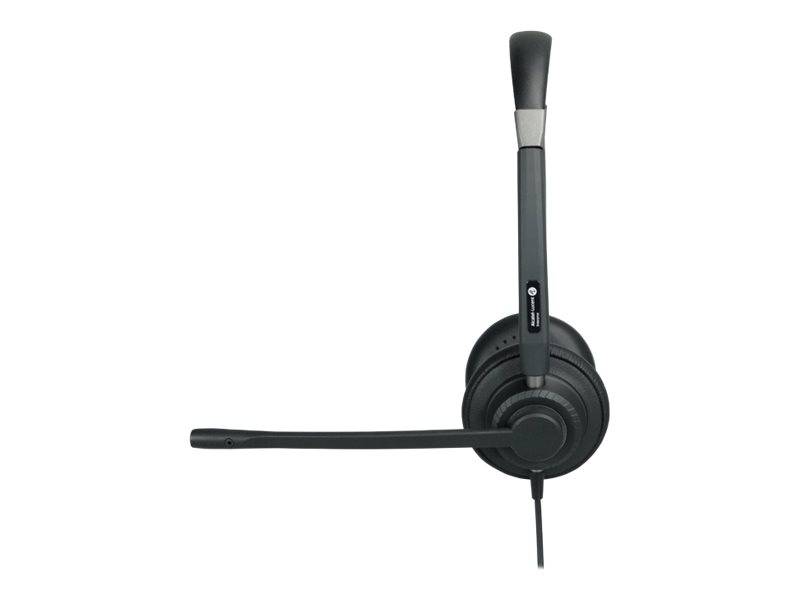 Schwarzes Over-Ear-Kopfhörer mit langem Boom-Mikrofon auf weißem Hintergrund.