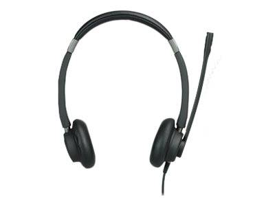Schwarzes Over-Ear-Headset mit Kopfbügel und Anschlussmikrofon auf weißem Hintergrund.