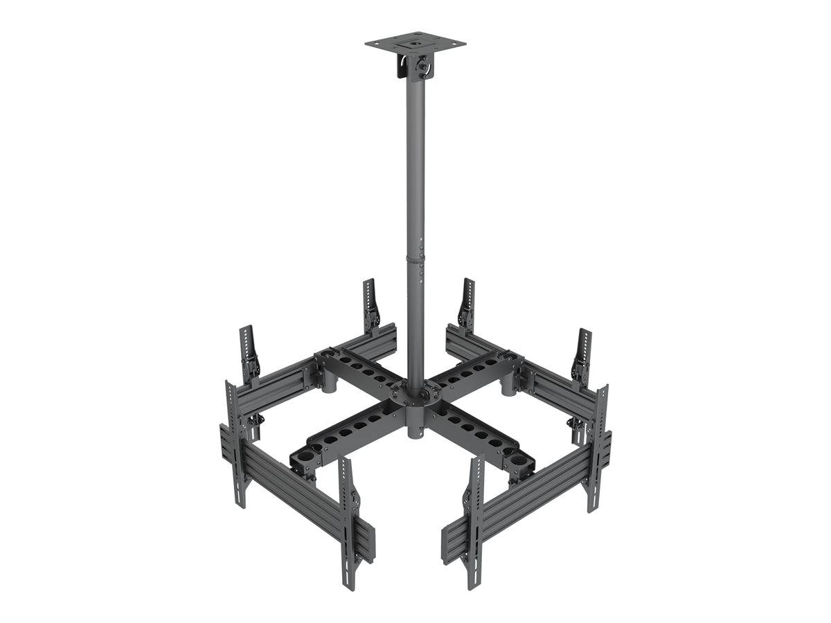Deckenmontierbares verstellbares TV-Halterungssystem mit einer zentralen Stange und vier Gelenkarmen für mehrere Flachbildschirme oder ein Multi-Display-Setup.