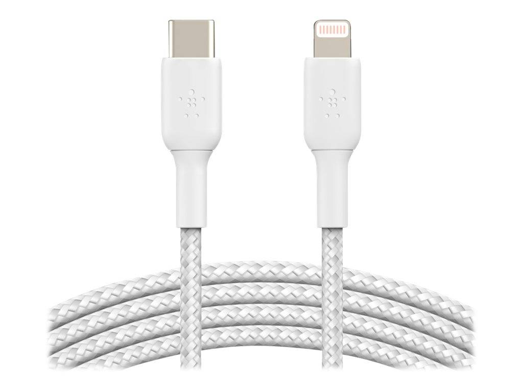 Weißes geflochtenes USB-C auf Lightning Ladekabel mit zwei gezeigten Steckerenden vor einem einfachen Hintergrund.