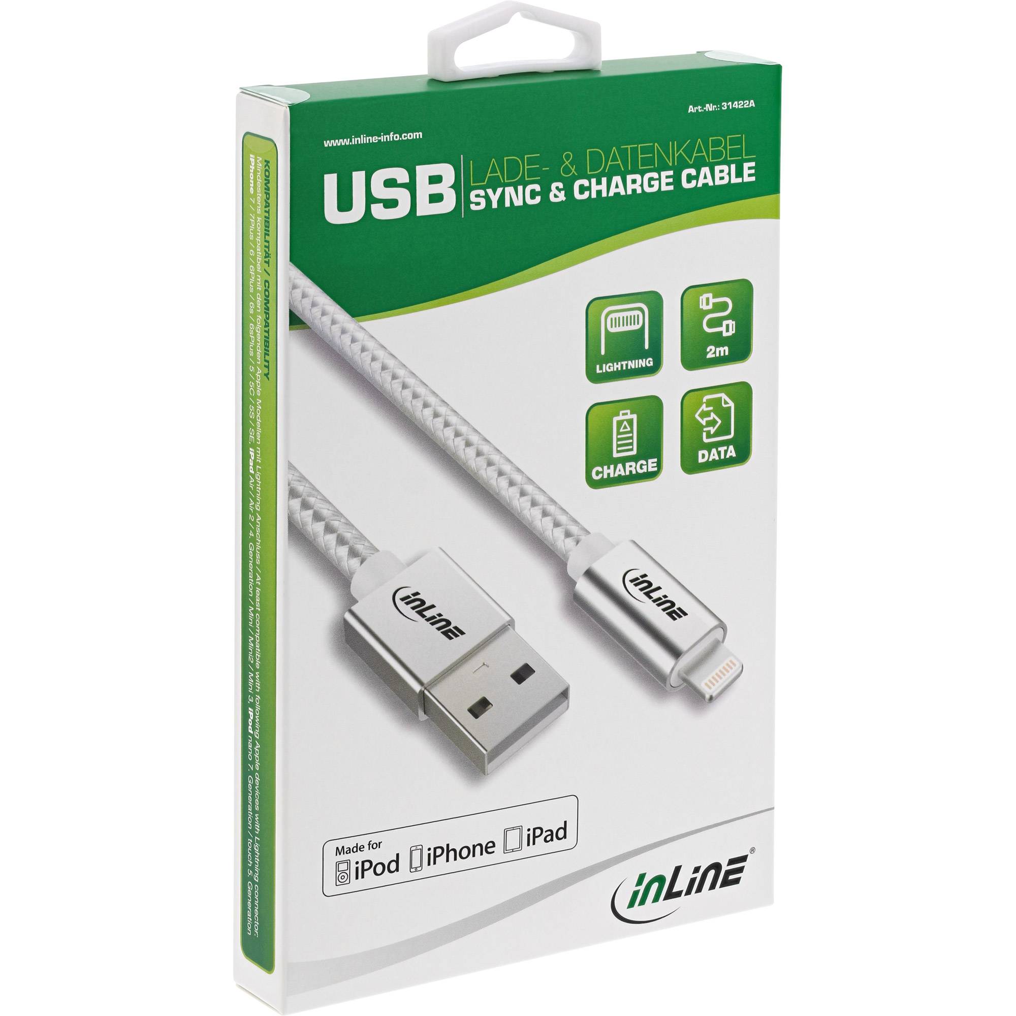 INLINE - Lightning USB Kabel - für iPad - iPhone - iPod - silber/Alu - 2m MFi-zert.