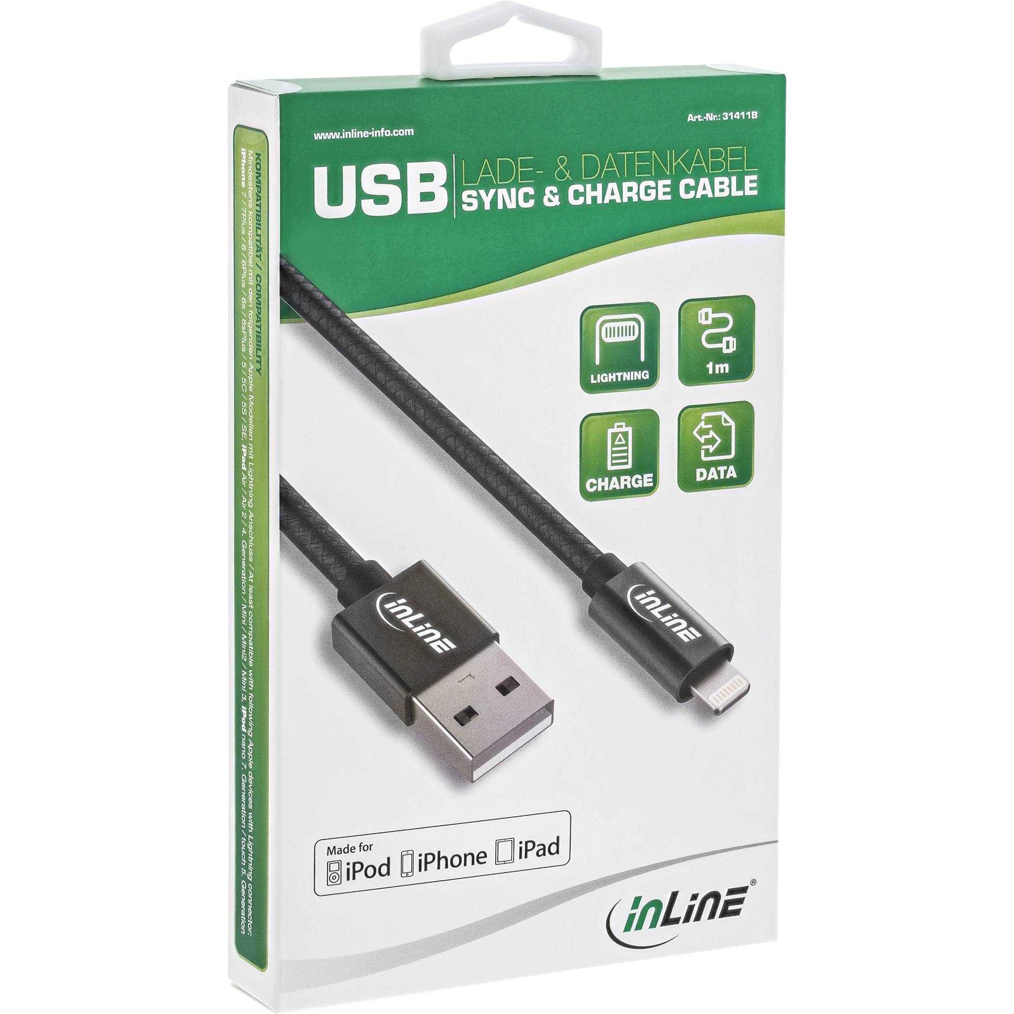 INLINE - Lightning USB Kabel - für iPad - iPhone - schwarz/Alu - 1m MFi-zertifiziert