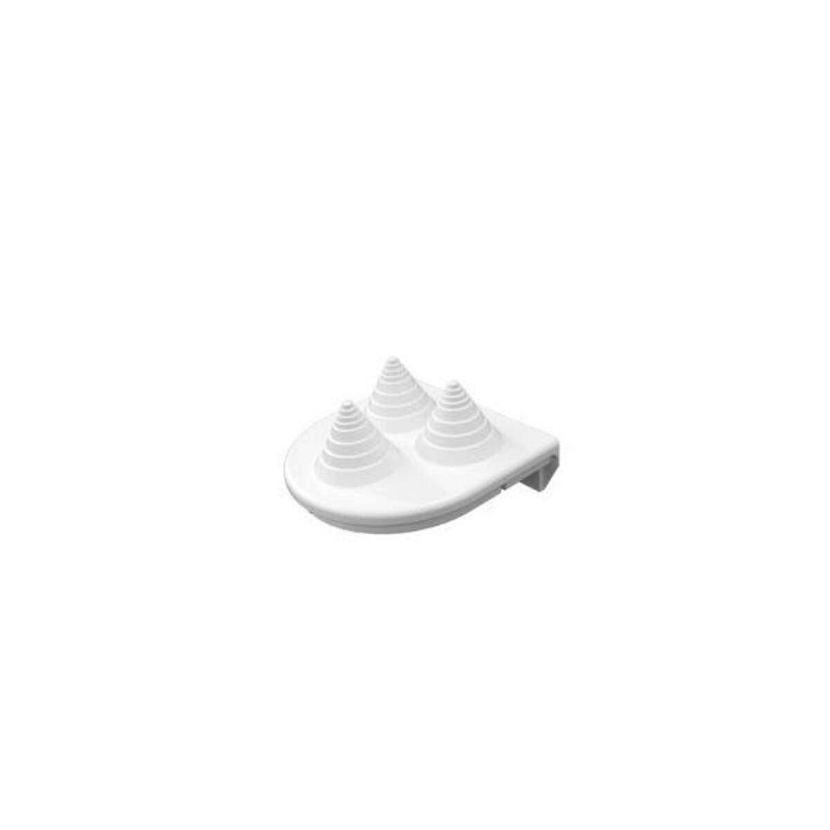 Weißer Kunststoff-Fußmassager mit drei erhöhten kegelförmigen Rollen auf einer kleinen Basis.