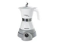 Weiße Moka-Kaffeekanne mit Griff und Deckel, gezeigt vor einem einfachen Hintergrund.