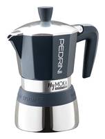 Espressokanne für den Herd mit schwarzem Griff und Deckel, Marke Pedrini My Moka, auf weißem Hintergrund abgebildet.