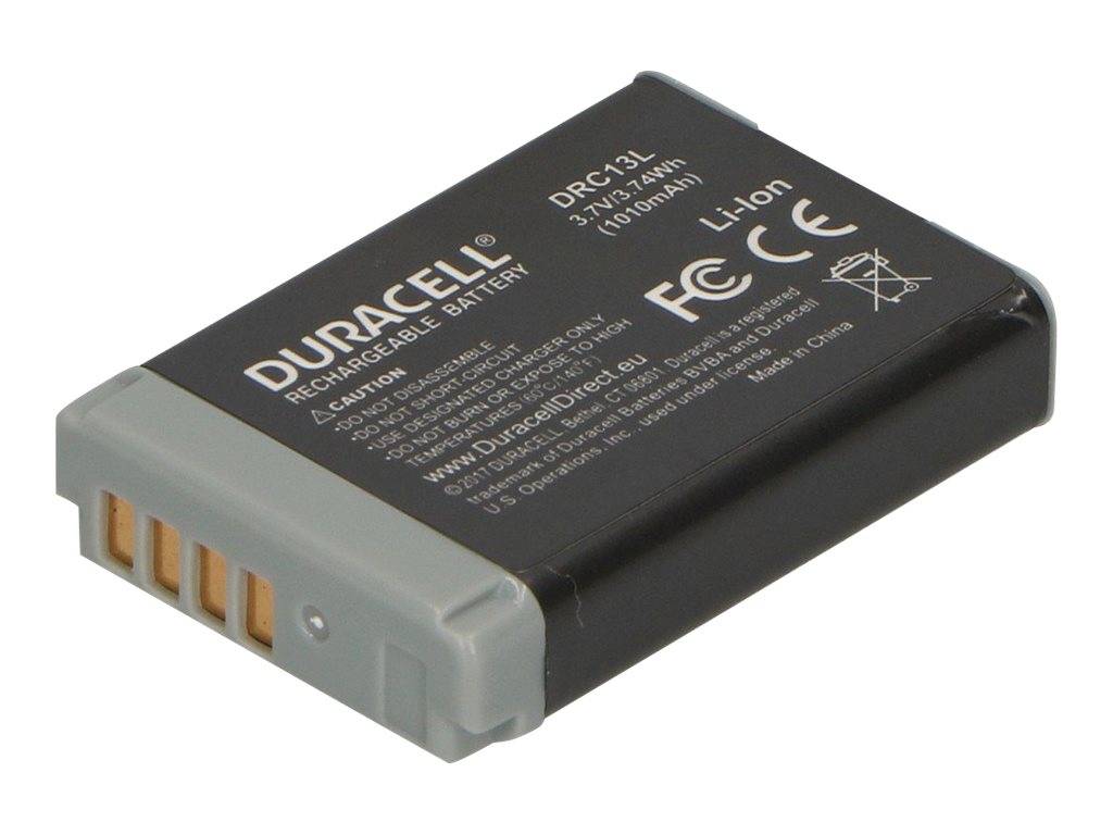 Duracell wiederaufladbarer Li-Ionen-Kamerabatterie, schwarz mit grauem Steckverbindungsende und goldenen Kontakten, gekennzeichnet mit DRC13L 3,7V 700mAh (1070mWh).