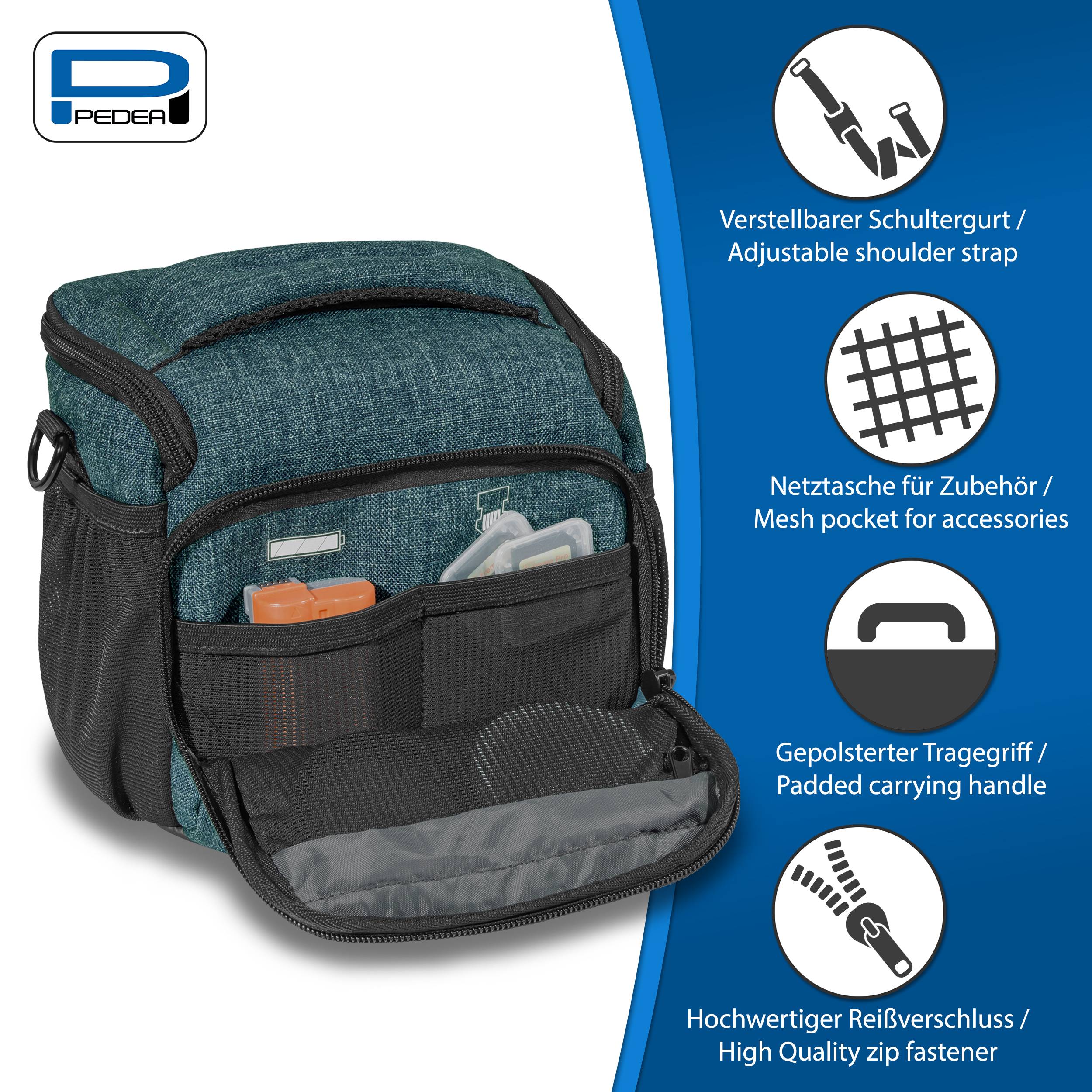 Türkisfarbene isolierte Lunchbox mit schwarzer Vordertasche und Schultergurt, dargestellt mit Symbolen, die verstellbaren Riemen, Netztasche, gepolsterten Griff und Reißverschlussverschluss hervorheben.